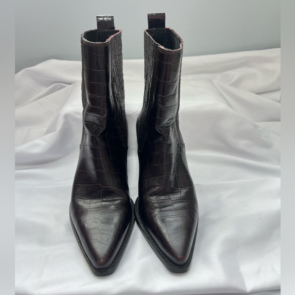 Zara Dark Brown Croc-Pattern Ankle Boots